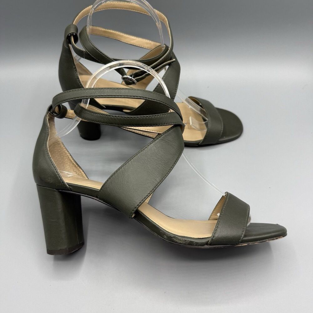 Ann Taylor Leather Block Heel Sandals Women’s Open Toe Strappy Green Size 7.5